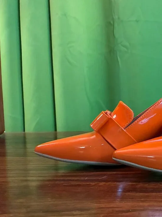 Retro Orange Bowknot Chunky Block Heels, Pointed Toe Velma Loafer - Picture 4 of 6